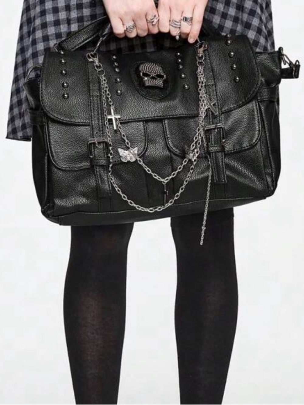 Back vegan leather bag skull and chains biker goth - Picture 4 of 6
